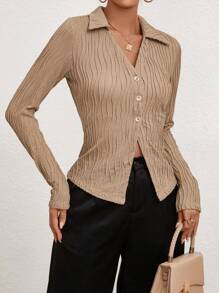 SHEIN Privé 女士純色鈕扣前t恤 - 卡其色 - 查看 1