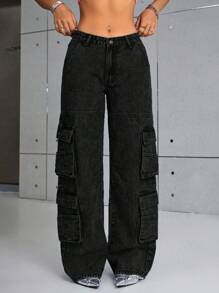SHEIN ICON 翻蓋口袋工裝牛仔褲 - 黑色 - 查看 1