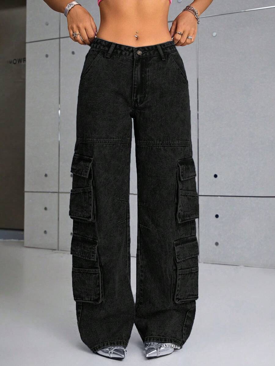 SHEIN ICON 翻蓋口袋工裝牛仔褲 - 黑色 - 查看 1