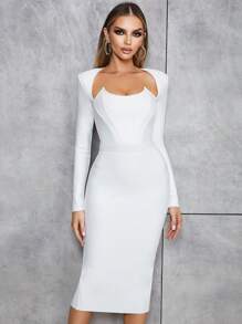 Split Back Shoulder Pad Bandage Dress - White - View 6