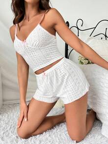 Của phụ nữ Nơ Trang trí Xu hướng: Cắt giảm Thêu Cami ngọn Và Quần short Bộ mặc nhà - trắng - Xem 6