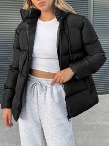 EURMUSE Zipper Front Hooded Padded Jacket - Black - View 1