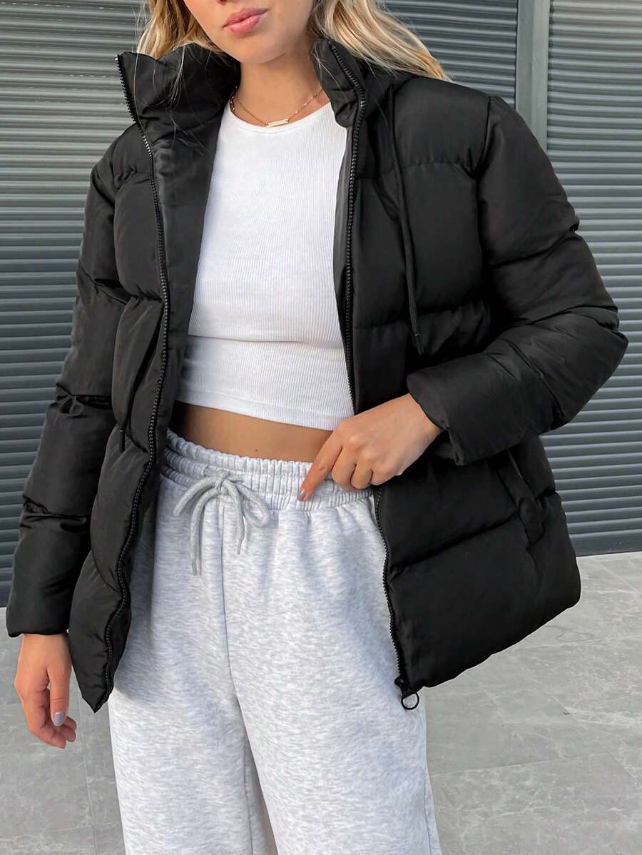 EURMUSE Zipper Front Hooded Padded Jacket - Black - View 1