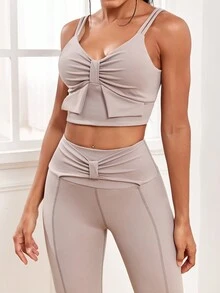運動風格2件套瑜珈裝,帶蝴蝶結的褶皺腰部平口彈力打底褲和蝴蝶形短款背心上衣 - 淺灰色 - 查看 3