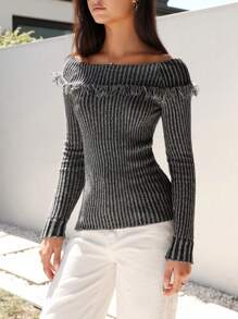 SHEIN EZwear Off Shoulder Xén Thô Áo len - Xám - Xem 2