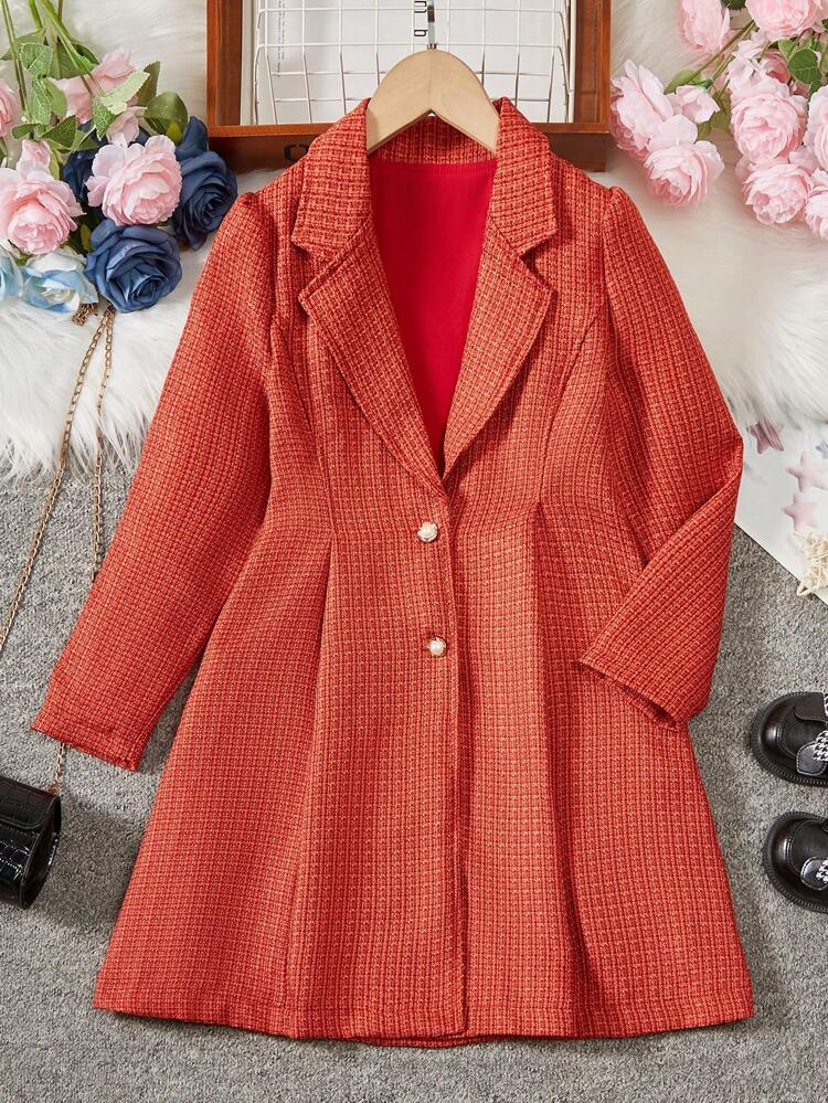 Girls' Woolen Coat With Asymmetrical Lapel Collar, For Tween