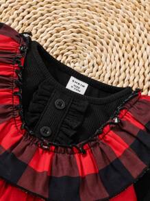 女嬰休閒針織上衣格紋拼接網布無袖洋裝套裝 - 紅色 - 查看 4