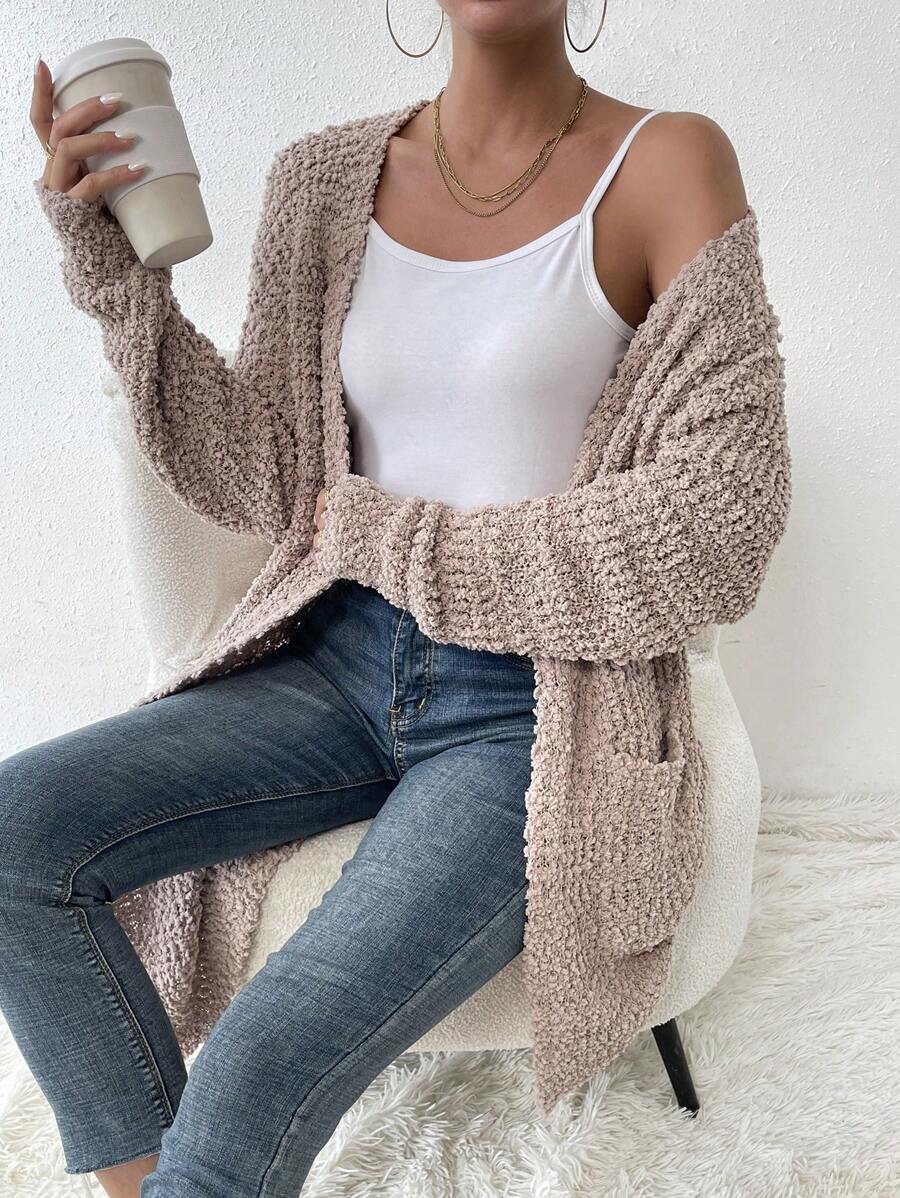 SHEIN LUNE Dual Pocket Drop Shoulder Cardigan - Apricot - View 1
