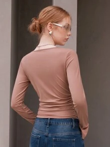 Anewsta Camiseta de cuello con abertura de ojo fruncido - Gris - Ver 2