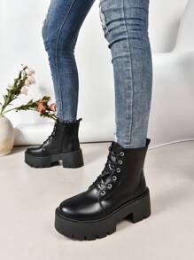 大码女式时尚舒适休闲侧拉链系带西式切尔西复古高跟厚底靴 - 黑色 - 查看 4