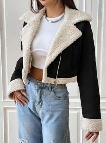SHEIN EZwear Veste moto zippée pour femme avec col large doublée en teddy