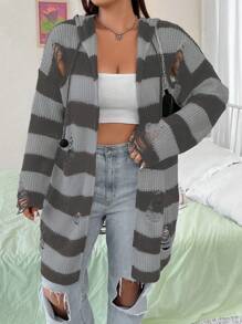 Flirla 加大碼條紋撕破式飛肩連帽長外套 - 彩色 - 查看 1