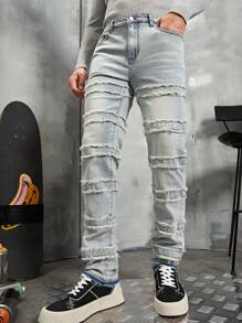 Manfinity Roghcode Men's Frayed Edge Denim Jeans - Blue - View 3