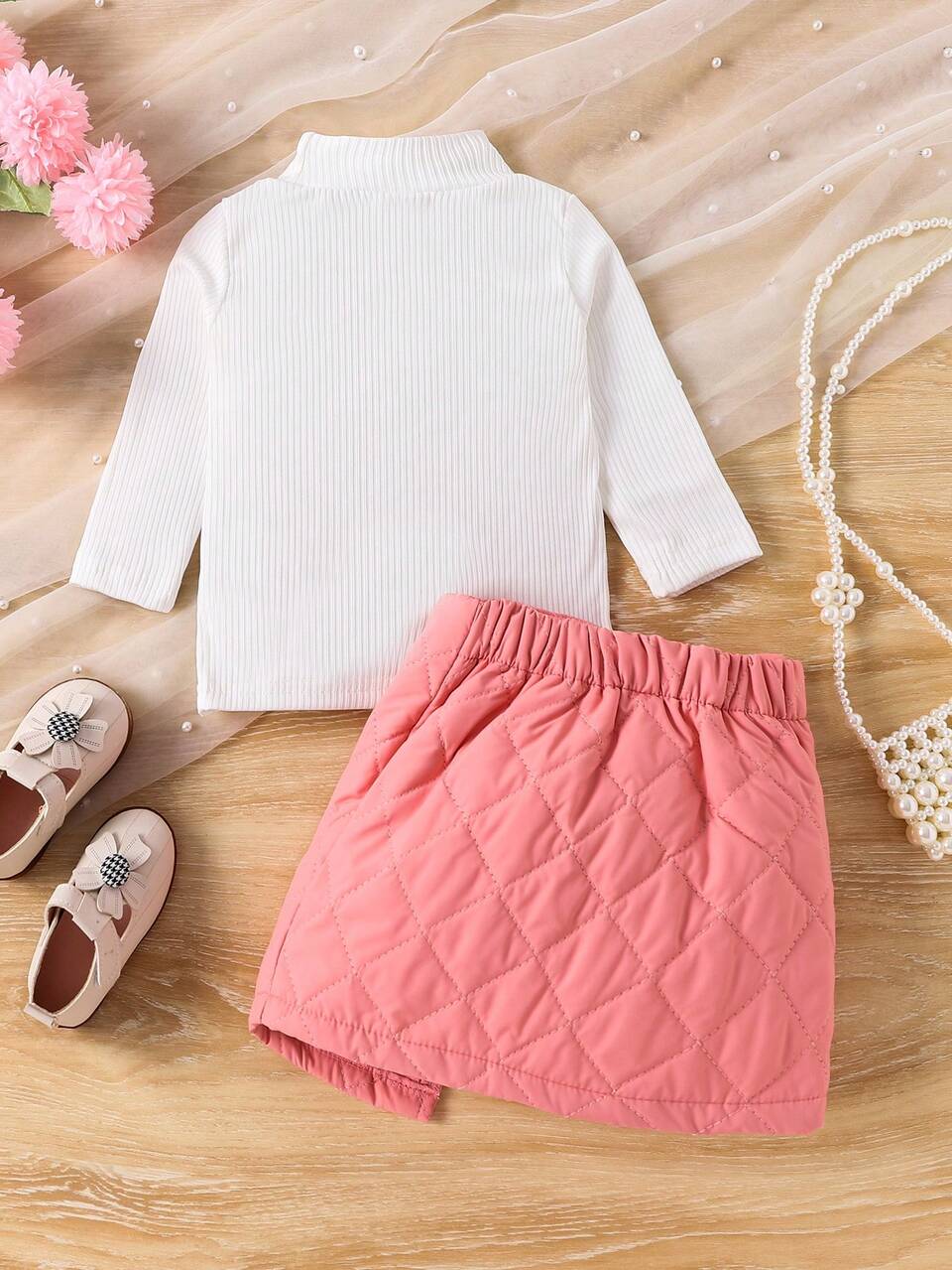 Baby Girl High Neck Tee & Asymmetrical Hem Quilted Skirt