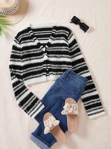 Soleia Striped Pattern Button Front Crop Cardigan - Multicolor - View 1