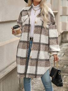 Ellegaria. Plaid Print Drop Shoulder Teddy Coat Fall Winter Cloth For Women - Coffee Brown - View 5