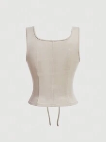 SHEIN MOD Lace lên phía trước Áo ba lỗ - Màu be - Xem 2