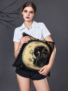 ROMWE Goth 1pc Cat And Moon Printed Pillowcase - Multicolor - View 2