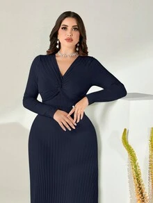 Modelyn Twist Front Ribbed Knit Dress - Navy Blue - View 3