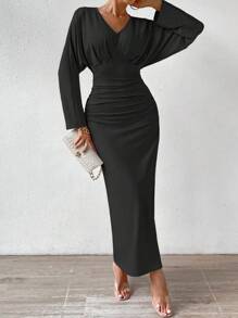 Chiquease Đầm Maxi Ôm Body Xếp Ly Trơn Trang Phục Nữ - màu đen - Xem 6