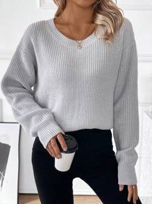 SHEIN Clasi Women's Back Bow-Knot Knit Pullover Fall Winter Sweater - Grey - View 6