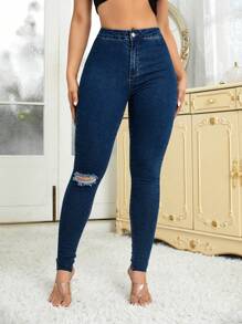 SHEIN Essnce High Waisted Skinny Denim Jeans - Dark Wash - View 1