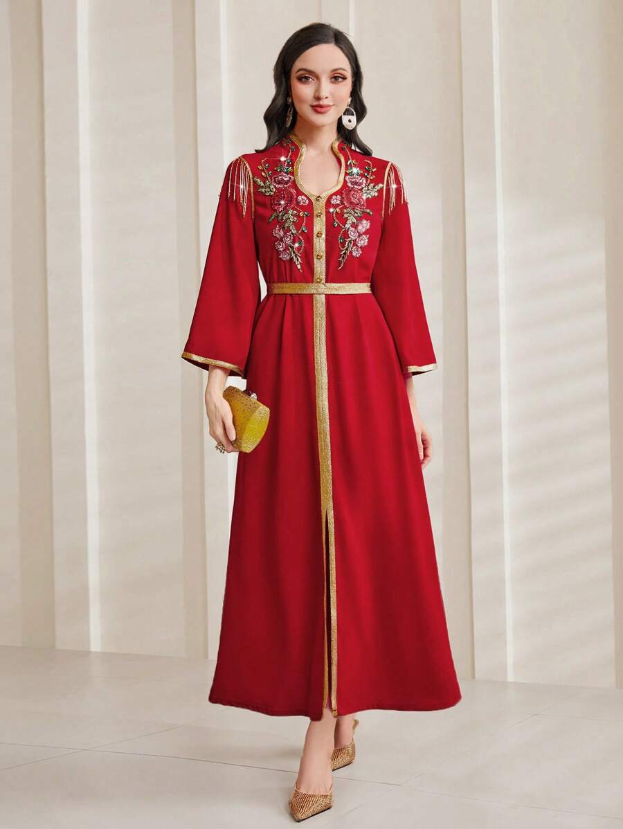 Al Najma 花卉刺繡&水鑽細節長款襯衫,阿拉伯傳統服裝 - 玫瑰紅 - 查看 1