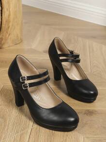 女雙扣設計圓頭防水台高跟鞋,復古瑪莉珍風格,時尚黑色 Pu 工作鞋 - 黑色 - 查看 5