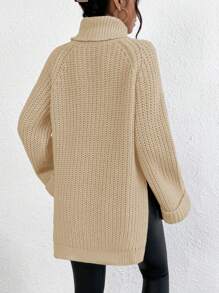 EURMUSE High Neck Raglan Sleeve Split Hem Sweater - Apricot - View 2