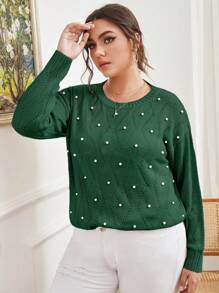 SHEIN Franclia Plus Pearls Beaded Pointelle Knit Sweater - Green - View 3