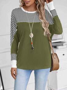 EMERY ROSE Striped Print Batwing Sleeve Tee - Army Green - View 3