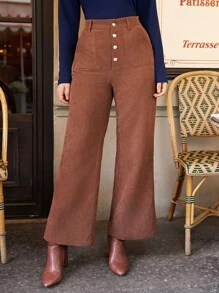 SHEIN Frenchy Nút Và Nghiêng Túi Vải to sợi Quần ống rộng - màu nâu - Xem 5