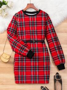 SHEIN Teen Girl Plaid Print Dress Without Belt - Red - View 1