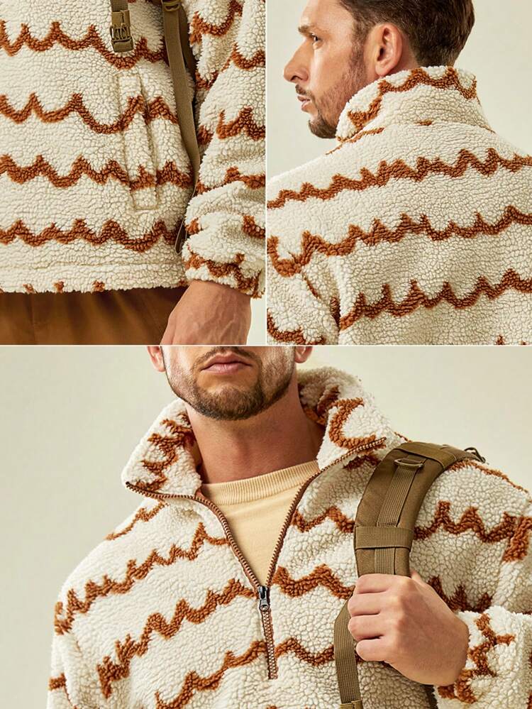 Men Wave Pattern Half Zip Outdoor Fleece Jacket