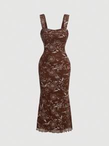 SHEIN MOD 印花木耳邊吊帶洋裝 - 棕色 - 查看 1
