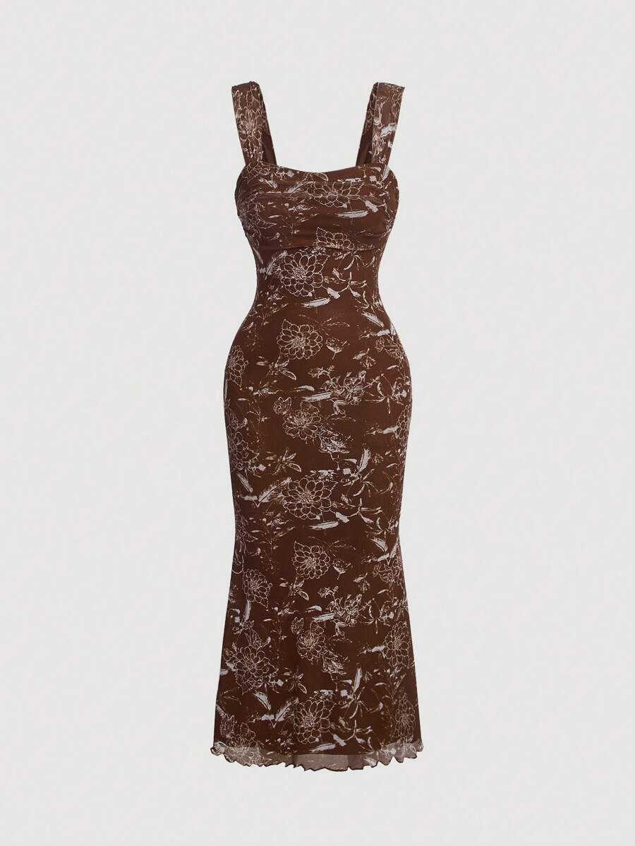 SHEIN MOD 印花木耳邊吊帶洋裝 - 棕色 - 查看 1