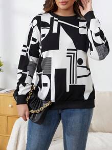 SHEIN Franclia 大码全印花宽松运动衫 - 黑色 - 查看 1