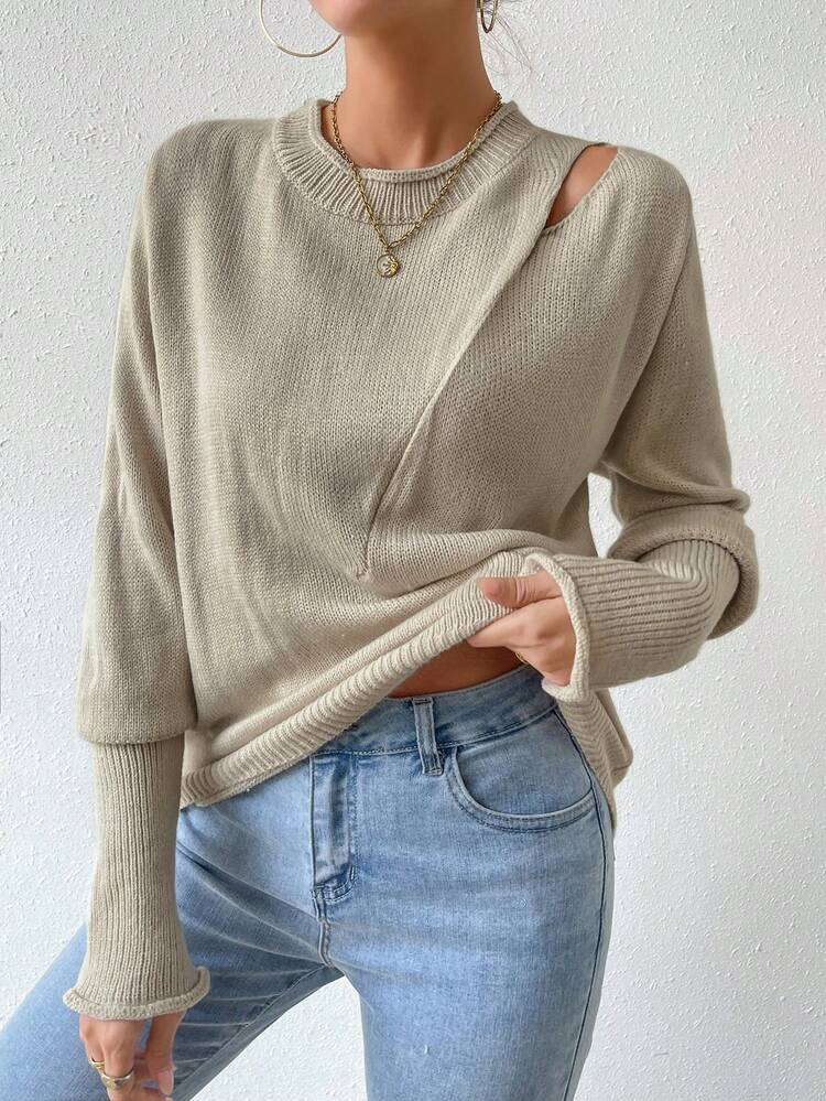 Lantern Sleeve Cut Out Knit Pullover Fall Winter Sweater
