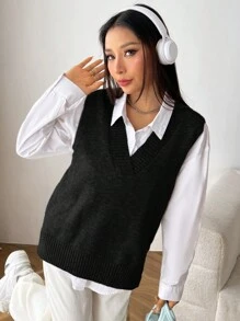 SHEIN EZwear 1 Miếng Viền chia cắt Áo len vest - màu đen - Xem 3