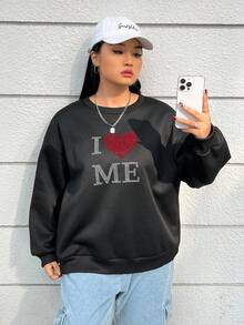 SHEIN EZwear 大尺碼女款黑色針織鑲鑽字母圖案圓領運動衫 - 黑色 - 查看 6