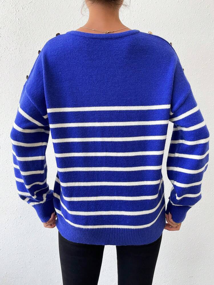 Striped Pattern Notched Neckline Button Detail Drop Shoulder Knit Pullover Fall Winter Sweater