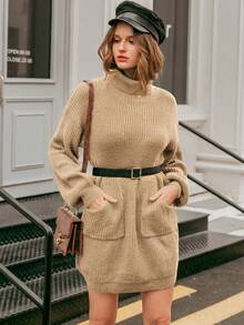 Simplee Solid Color High Neck Sweater Dress With Pocket Design - Khaki - View 5