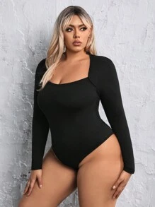 SHEIN SXY 加大尺寸貼身高領長袖連體衣 - 黑色 - 查看 4