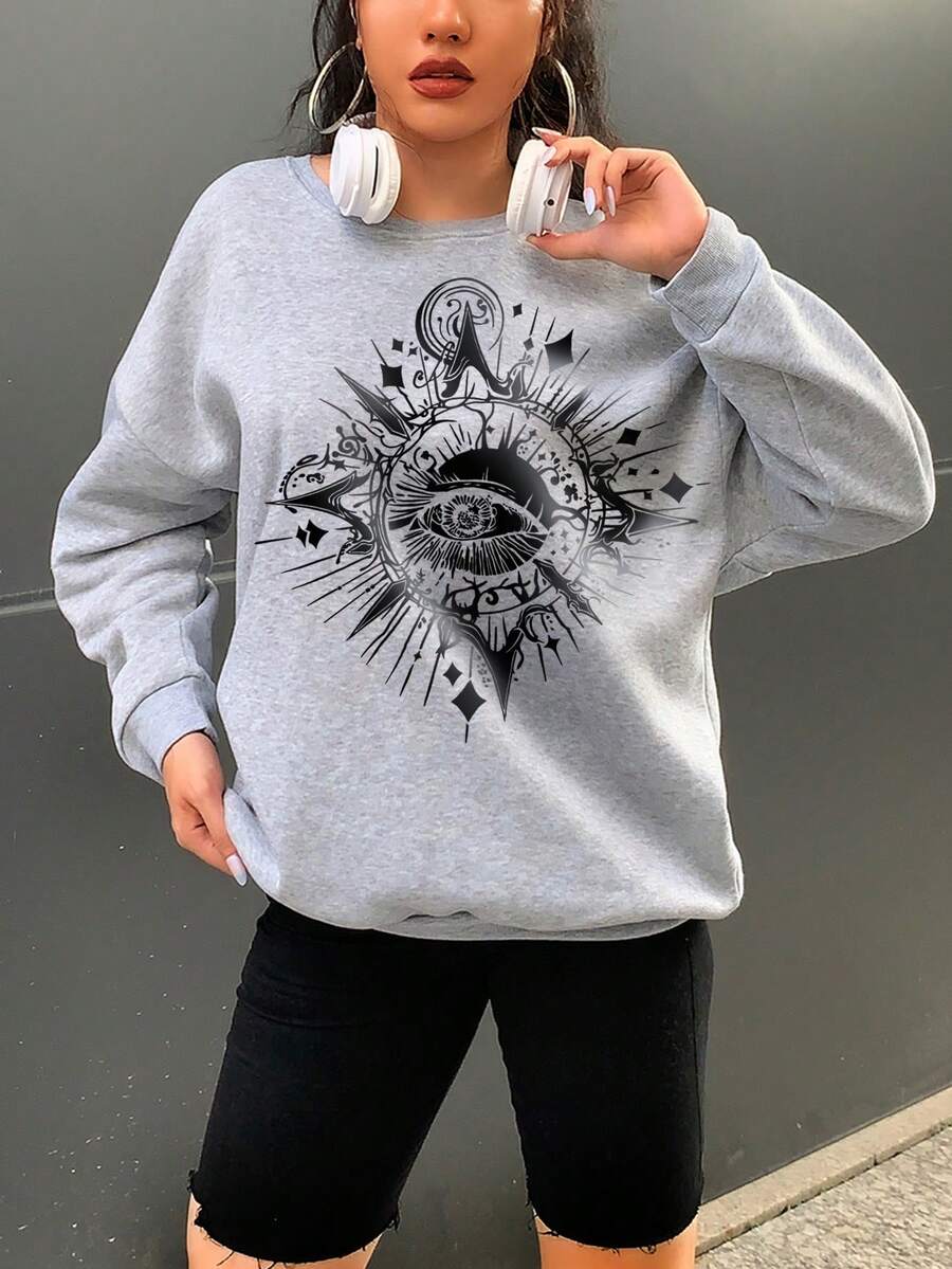 SHEIN EZwear 加大碼寬鬆圓領眼鏡圖案毛衣,掉肩設計 - 淺灰色 - 查看 1