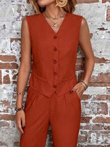 SHEIN LUNE Women Suit Sets Kantong Tombol Depan Plain Casual - Mocha Brown - View 4