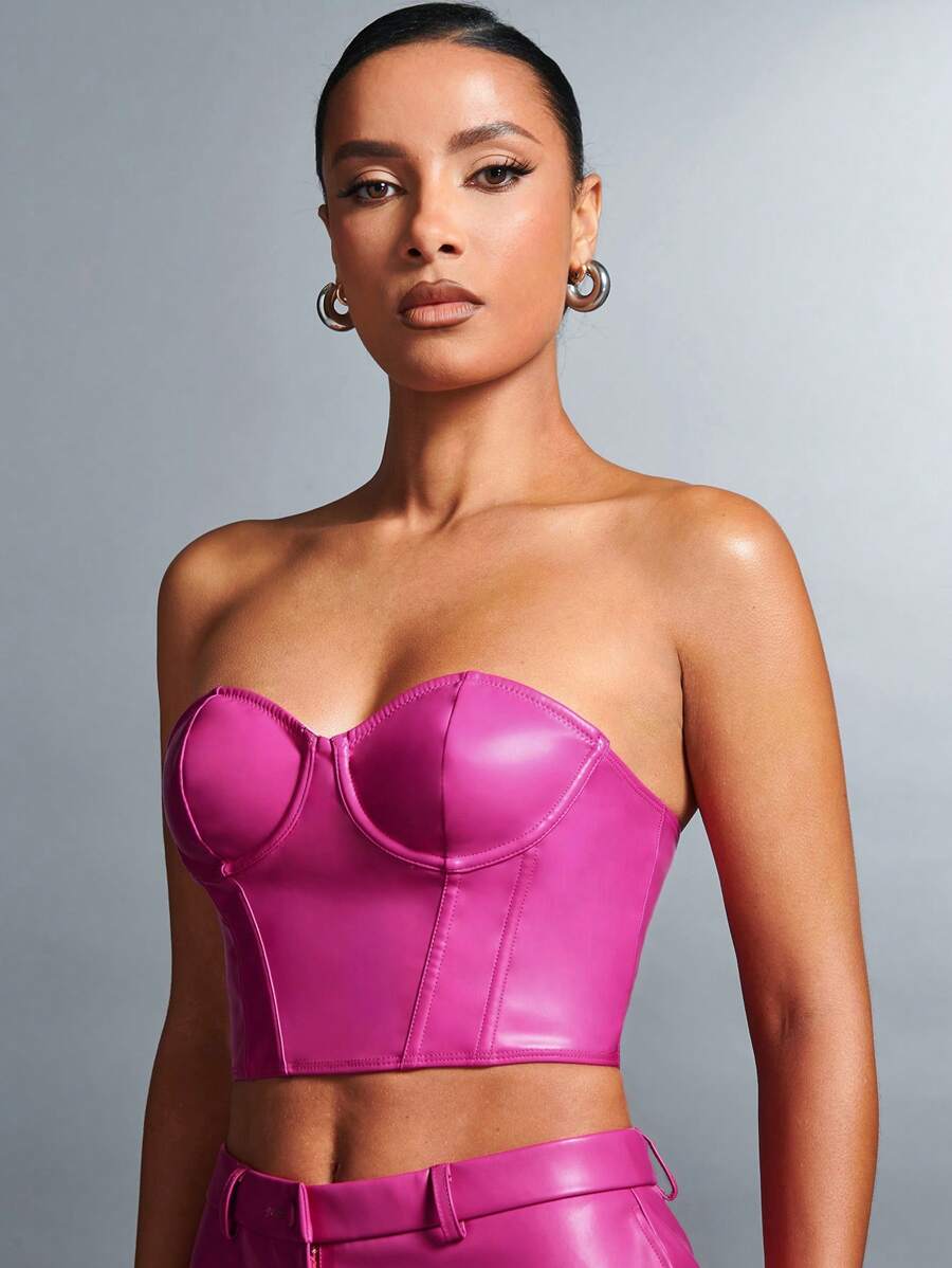 SHEIN BAE Glamorous Strapless Corset Leather Red Bustier Tube Top - Hot Pink - View 1