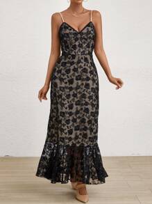 SHEIN Privé 女士花朵刺繡蕾絲汀扣肩裙 - 黑色 - 查看 3