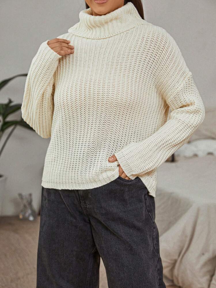 Plus Size High Neck Drop Shoulder Sweater Pullover Knit Pullover Fall Winter Sweater
