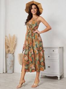 SHEIN Holidaya 熱帶圖案高衩腰帶吊帶連衣裙 - 彩色 - 查看 6