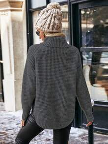 SHEIN LUNE Women's High Neck Waffle Knit Sweater - Dark Grey - View 2